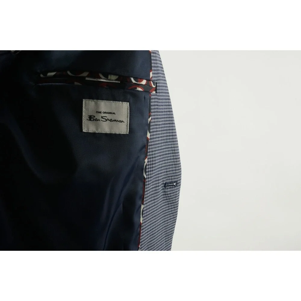 New $360 Ben Sherman Men's 40R Blue Woven Check Stretch Vented Notch Suit Jacket